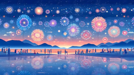 海边夜空的烟花倒影
