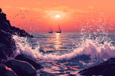 夕阳余晖中的海浪与礁石
