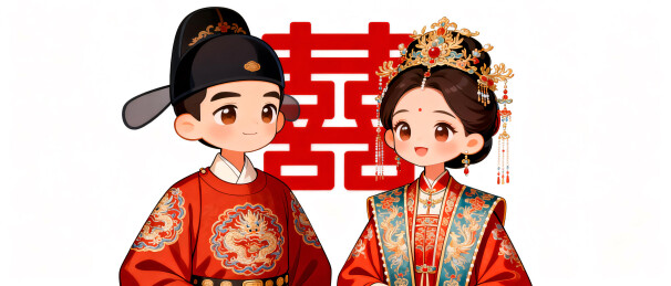 穿着传统明制婚服站在喜字前面的新郎新娘