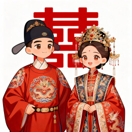 穿着传统明制婚服站在喜字前面的新郎新娘