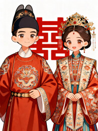 穿着传统明制婚服站在喜字前面的新郎新娘