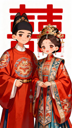 穿着传统明制婚服站在喜字前面的新郎新娘