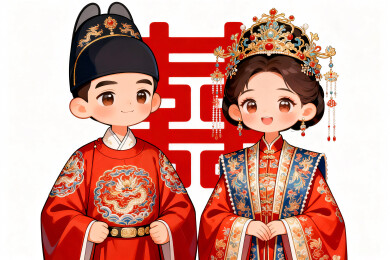穿着传统明制婚服站在喜字前面的新郎新娘