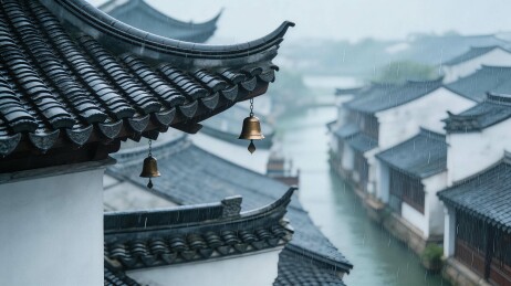 雨中古建筑屋檐与水乡
