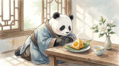 惬意端午：在古色古香室内品茶剥粽子的熊猫