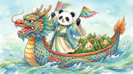 端午龙舟：手挥彩旗在国潮龙舟上指挥的熊猫