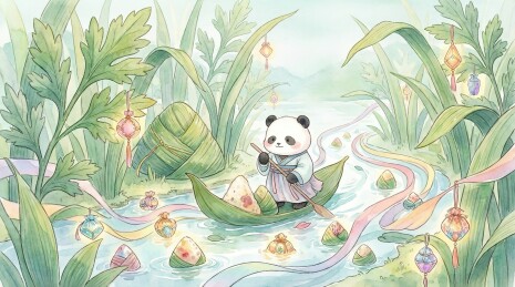 梦幻端午：艾草山谷中挂满香囊的熊猫划船图