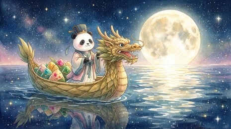 圆月端午：在波光粼粼湖面划龙舟的熊猫文人