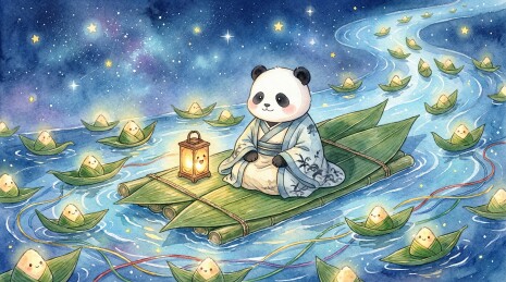 宁静端午夜：星光下乘坐粽叶舟漂流的熊猫