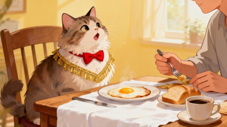 猫咪穿礼服吃早餐