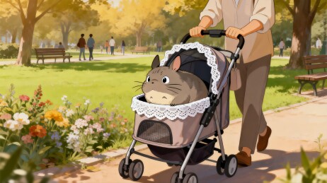 卡通猫咪公园推车散步