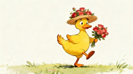 卡通小鸭戴花帽手捧玫瑰