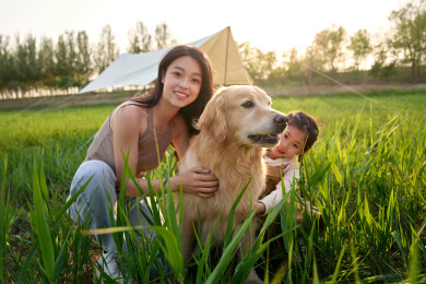 母女与金毛犬在草地上