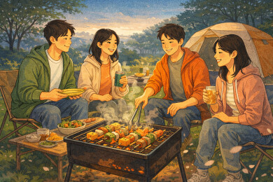傍晚户外烧烤聚会