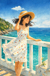 海边栏杆吹风少女