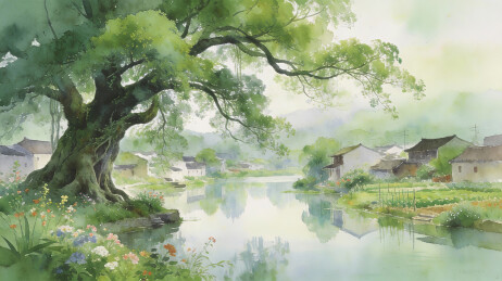 绿意盎然的江南水乡水彩画