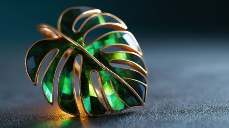 金属质感镶宝石的3D立体龟背竹植物叶子