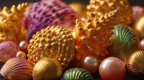 海底世界有密集洁白珍珠的3D金色贝壳