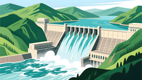 绿色能源水力发电站宏伟建筑工程背景插画