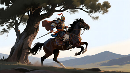 蒙古族勇士马背英姿民族史诗文化背景插画