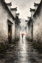 马头墙雨巷里的红伞身影