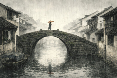 细雨中的石桥独行