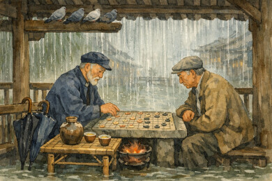 古镇亭廊避雨下棋