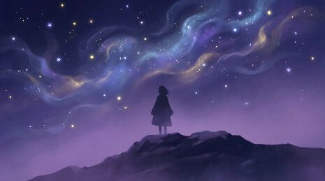 紫夜星云下少女立于山巅仰望