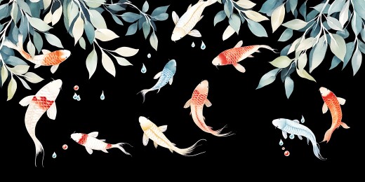 黑底锦鲤垂柳图