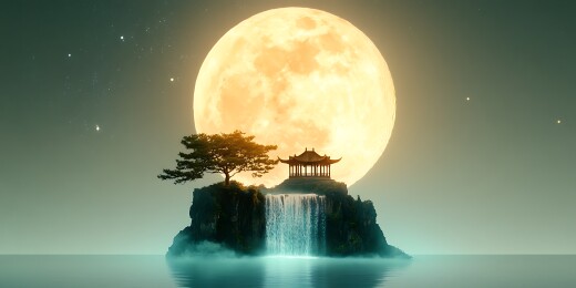 月下孤岛亭台