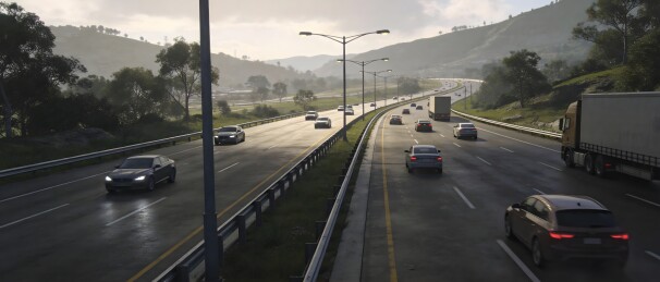 清晨山间高速公路车流繁忙