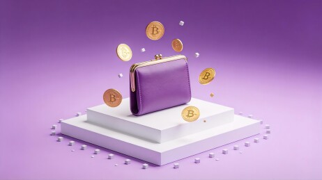 紫色钱包与金色比特币展示