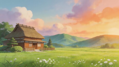 田园茅屋夕阳美景