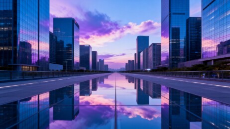 城市高楼倒影黄昏