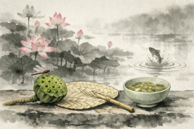 荷塘莲蓬蒲扇