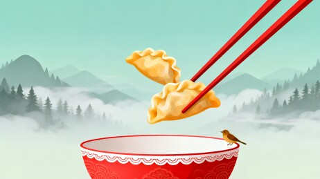 红碗盛饺筷子夹起背景山林雾景