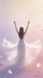 白衣女子背影举手花瓣飞舞梦幻场景