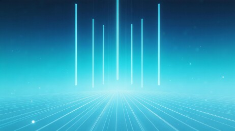 蓝色渐变背景中悬浮发光线条与网格地面