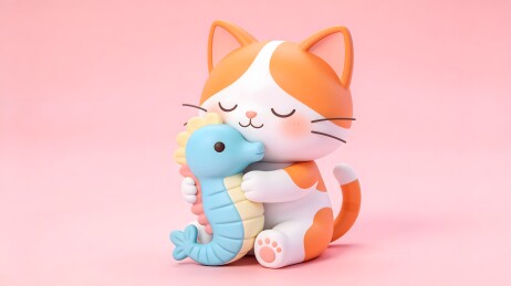 卡通猫咪拥抱海马玩偶