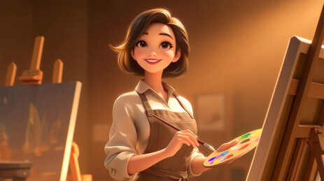 画室里的年轻女艺术家手持画板作画