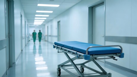 医院走廊蓝色病床与医护人员