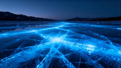 夜幕下冰裂湖面蓝光闪烁