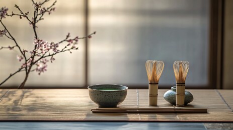 日式茶道用具与花枝场景