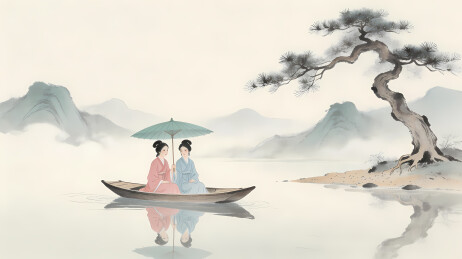 古装女子泛舟青伞