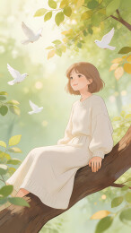 白裙女子坐树干