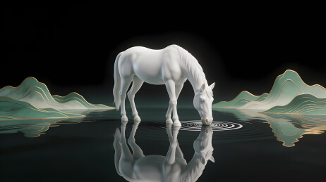 白骏马映水墨山水