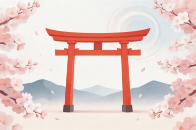 红色鸟居与樱花盛开的春日景象