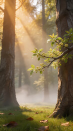 晨雾林间嫩枝初绽
