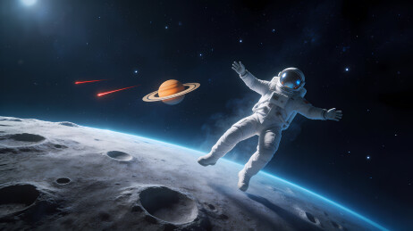 宇航员漂浮月球仰望土星
