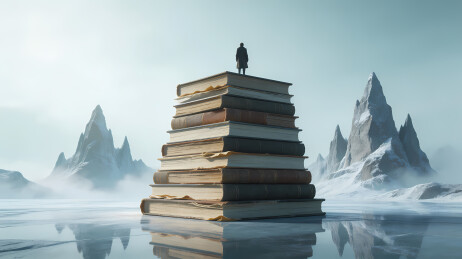 孤影立书巅望雪峰